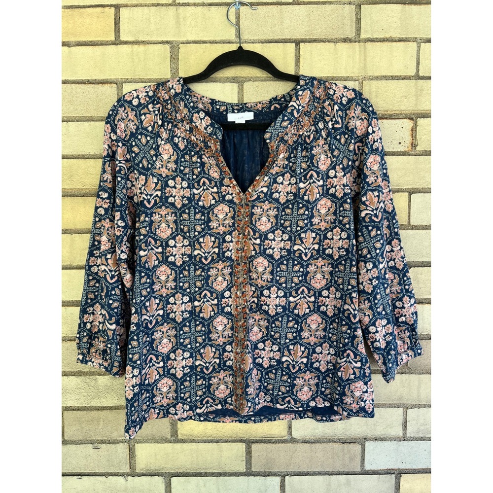 J. Jill Navy Floral Boho Brown Embroidered Split Neck Knit Top Size XS Petite